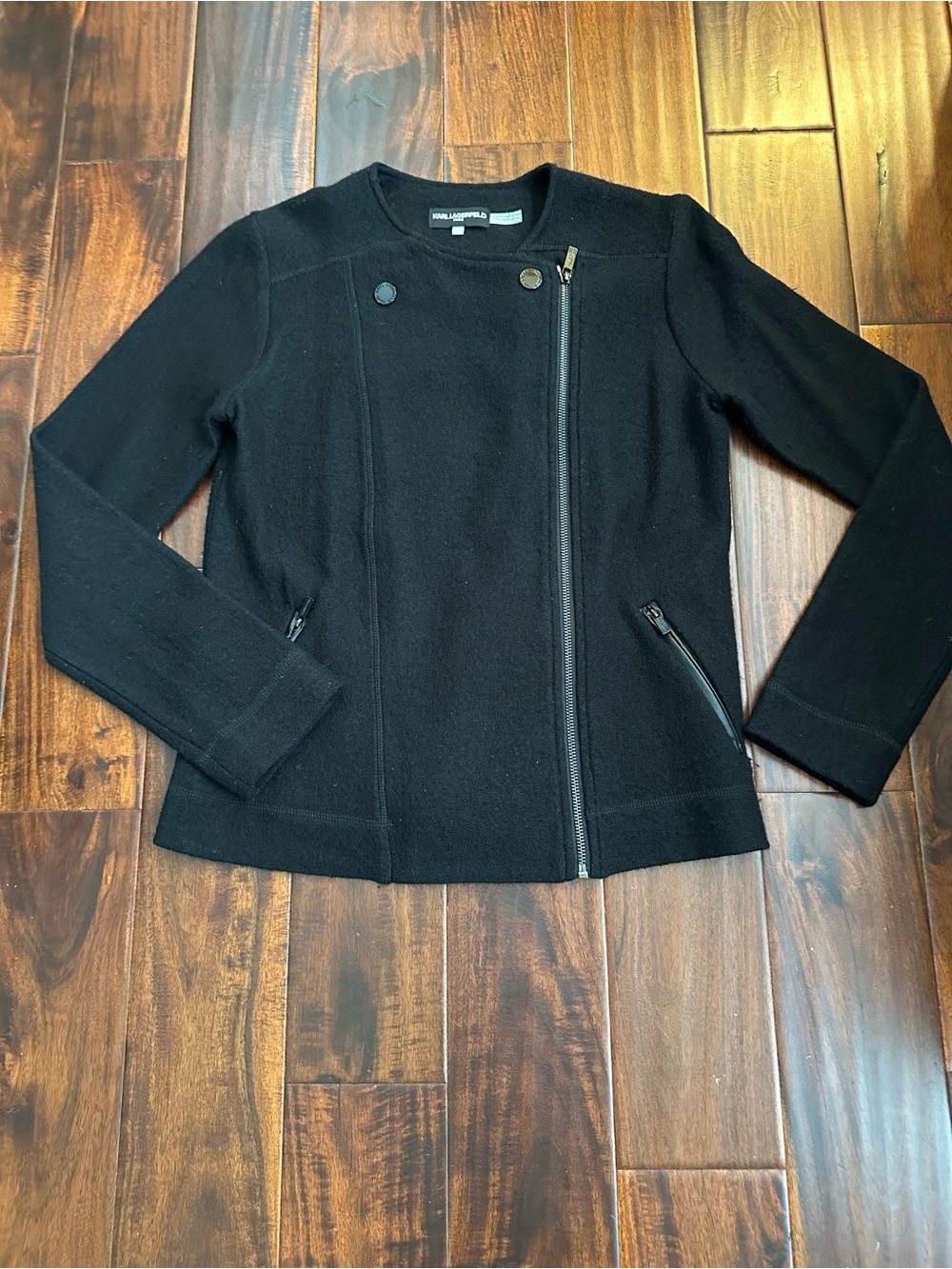 Karl Lagerfeld Black Jacket. Wool Blend Moto Style with Asymmetric Zip. Sz XS